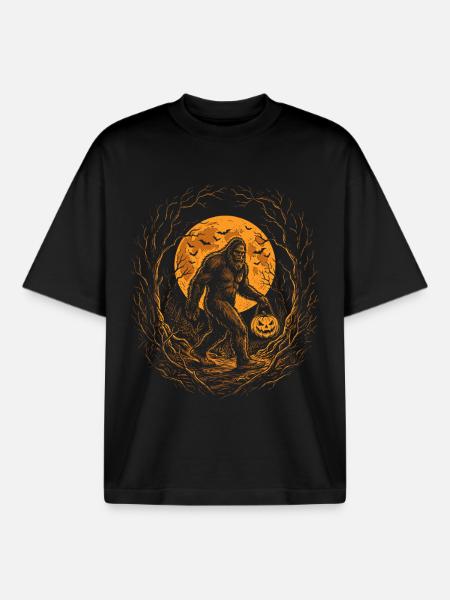 Halloween, Bigfoot, Moon, Pumpkin - Boxy Heavyweight Unisex Organic T-Shirt by Stanley/Stella - black