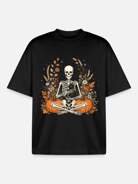 Halloween, Skeleton, Black Cat - Boxy Heavyweight Unisex Organic T-Shirt by Stanley/Stella - black