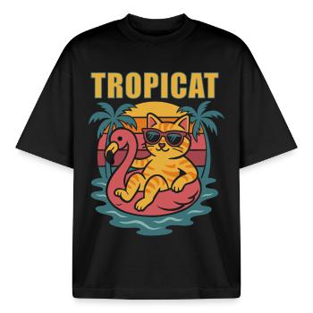 TROPICAT -Funny Summer Cat Design - Boxy Heavyweight Unisex Organic T-Shirt by Stanley/Stella - black - Front - AI Model Male 185 light (185cm) & AI Model Female 172 dark (172cm)