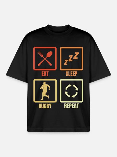 Eat Sleep Rugby Repeat - Boxy Heavyweight Unisex Organic T-Shirt by Stanley/Stella - black