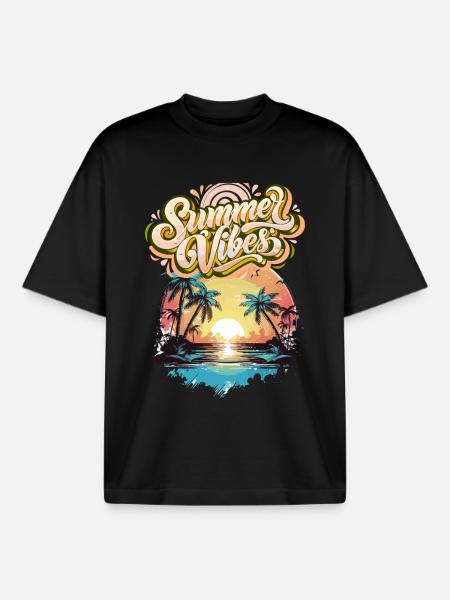 Summer Mood Palm Trees Sunset - Boxy Heavyweight Unisex Organic T-Shirt by Stanley/Stella - black