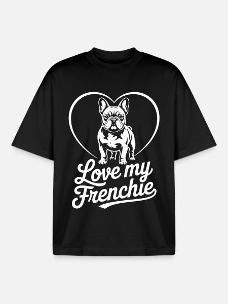 Love My Frenchie Heart Bulldog - Boxy Heavyweight Unisex Organic T-Shirt by Stanley/Stella - black