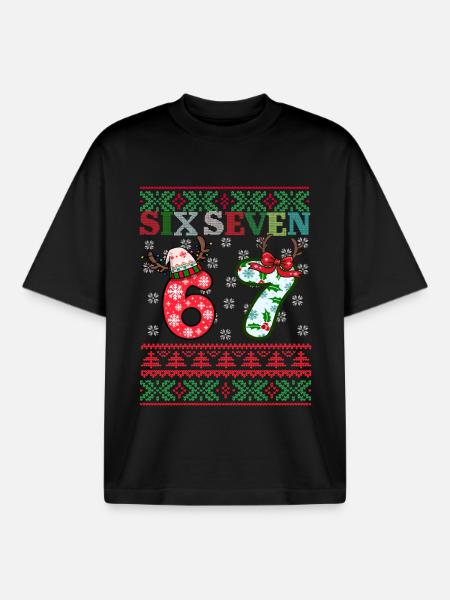 67 Christmas Funny Six Seven Meme - Boxy Heavyweight Unisex Organic T-Shirt by Stanley/Stella - black