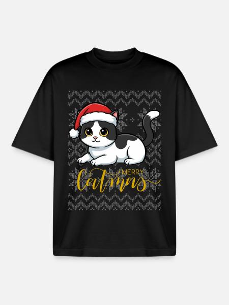 Christmas kitten in red hat - Boxy Heavyweight Unisex Organic T-Shirt by Stanley/Stella - black