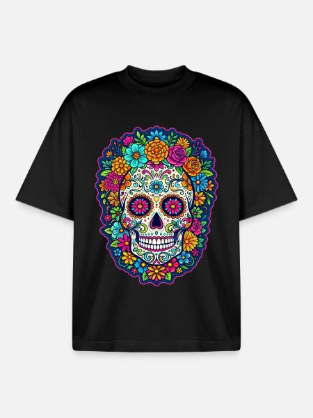 Mexican skull sugar skull flowers - Boxy Heavyweight Unisex Organic T-Shirt by Stanley/Stella - black