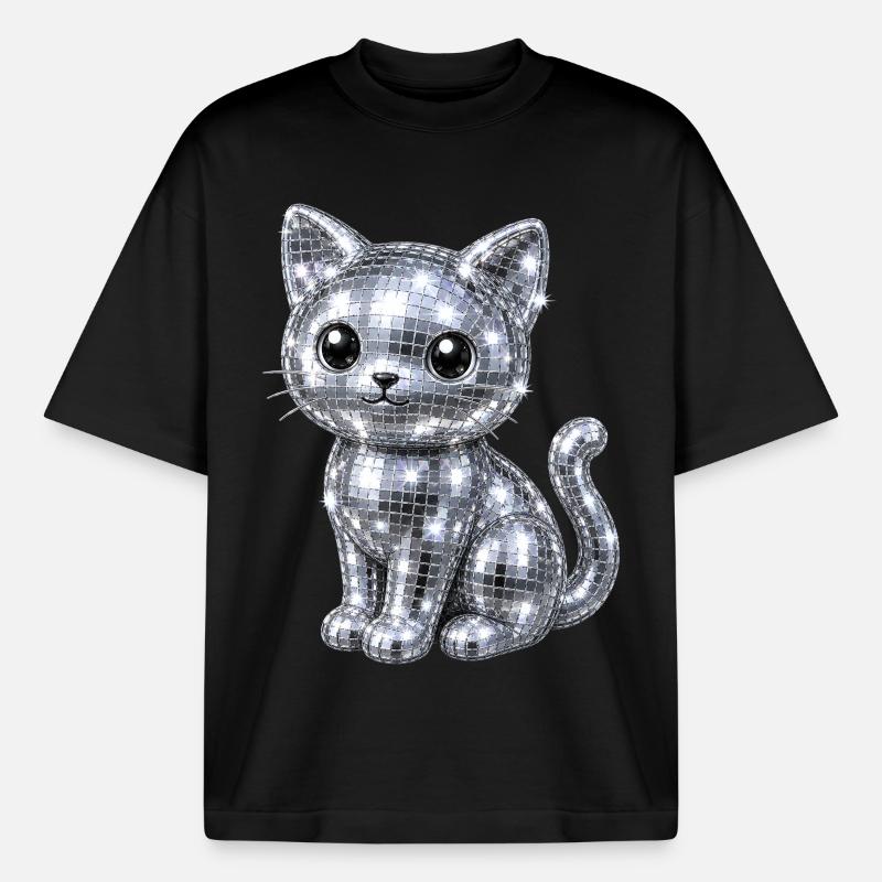 Cat Disco Glitter - Boxy Heavyweight Unisex Organic T-Shirt by Stanley/Stella - black