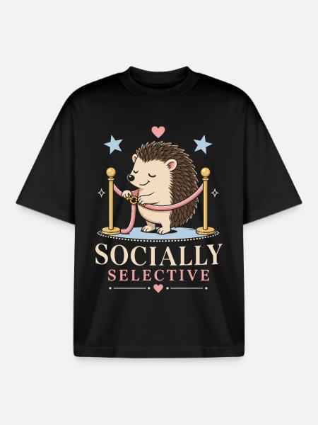 Socially selective hedgehog with humor - Boxy Heavyweight Unisex Organic T-Shirt by Stanley/Stella - black