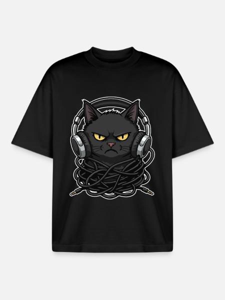 Cable Chaos Cat Music Headphones - Boxy Heavyweight Unisex Organic T-Shirt by Stanley/Stella - black