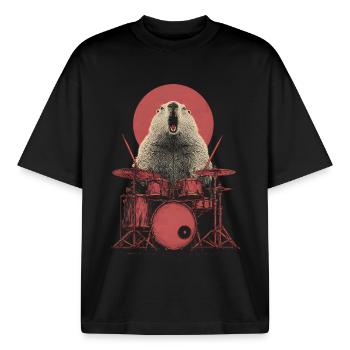 Murmeltier Schlagzeug Drummer Musik Rock Alpen - Boxy Heavyweight Unisex Organic T-Shirt von Stanley/Stella - Schwarz - Vorne - AI Model Male 185 light (185cm) & AI Model Female 172 dark (172cm)