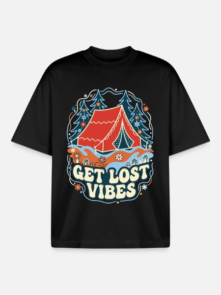 Get Lost Vibes Retro Camping - Boxy Heavyweight Unisex Organic T-Shirt by Stanley/Stella - black
