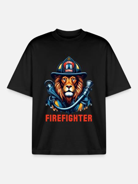 Firefighter Lion Gift - Boxy Heavyweight Unisex Organic T-Shirt by Stanley/Stella - black
