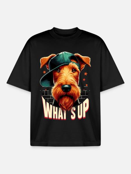 Irish Terrier What's Up Gangsta Dog Gift - Boxy Heavyweight Unisex Organic T-Shirt by Stanley/Stella - black