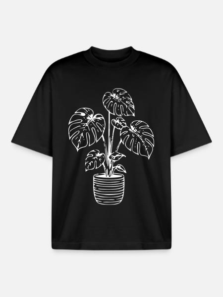 Monstera line art on black - Boxy Heavyweight Unisex Organic T-Shirt by Stanley/Stella - black