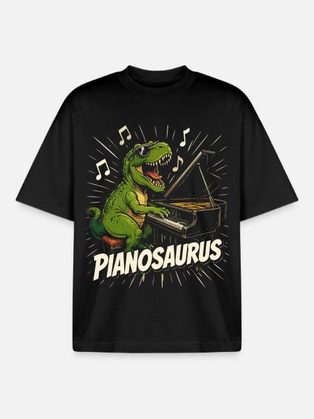 Fun Pianist Dinosaur - Boxy Heavyweight Unisex Organic T-Shirt by Stanley/Stella - black