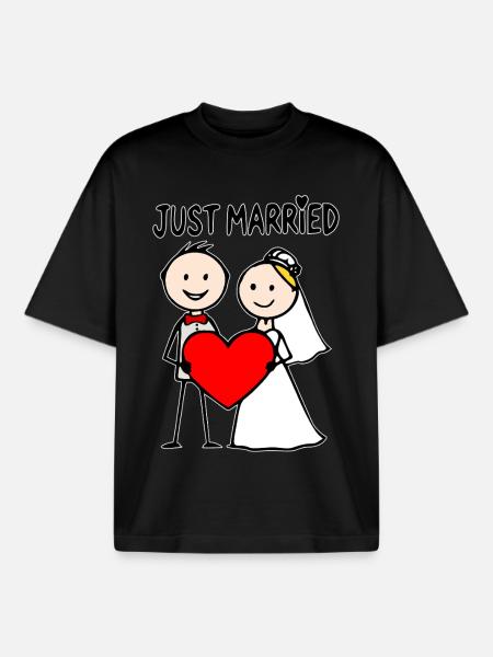 Bruidspaar Cartoon Heart Net Getrouwd - Unisex boxy heavyweight biologisch T-shirt Stanley/Stella - zwart