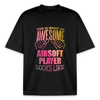 L’airsoft - T-shirt unisexe boxy épais biologique Stanley/Stella - noir - Devant - AI Model Male 185 light (185cm) & AI Model Female 172 dark (172cm)
