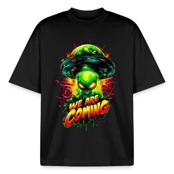We are comming - Boxy Heavyweight Unisex Organic T-Shirt by Stanley/Stella - black - Front - AI Model Male 185 light (185cm) & AI Model Female 172 dark (172cm)