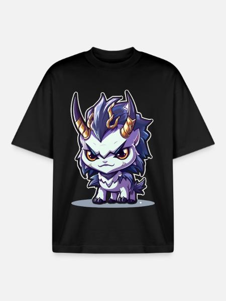Small Chibi Style Horned Dragon - Boxy Heavyweight Unisex Organic T-Shirt by Stanley/Stella - black