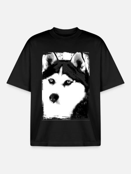 Black and white Husky portrait on textile - Boxy Heavyweight Unisex Organic T-Shirt by Stanley/Stella - black