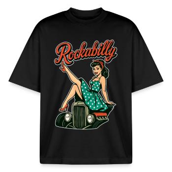 Rockabilly Oldtimer Hot Rod Pin Up 50er Geschenk - Boxy Heavyweight Unisex Organic T-Shirt von Stanley/Stella - Schwarz - Vorne - AI Model Male 185 light (185cm) & AI Model Female 172 dark (172cm)