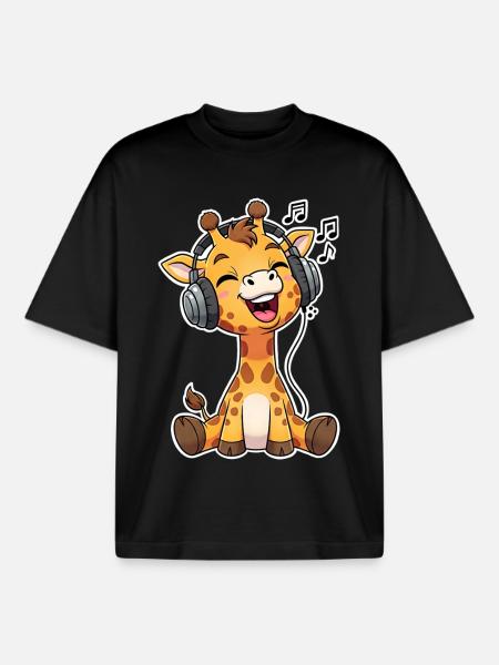 Giraffe Musik Hören Singen - Boxy Heavyweight Unisex Organic T-Shirt von Stanley/Stella - Schwarz