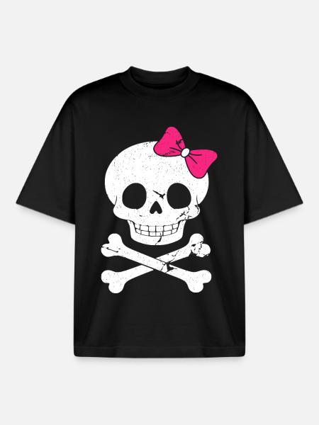Cute skull with pink bow - Boxy Heavyweight Unisex Organic T-Shirt by Stanley/Stella - black
