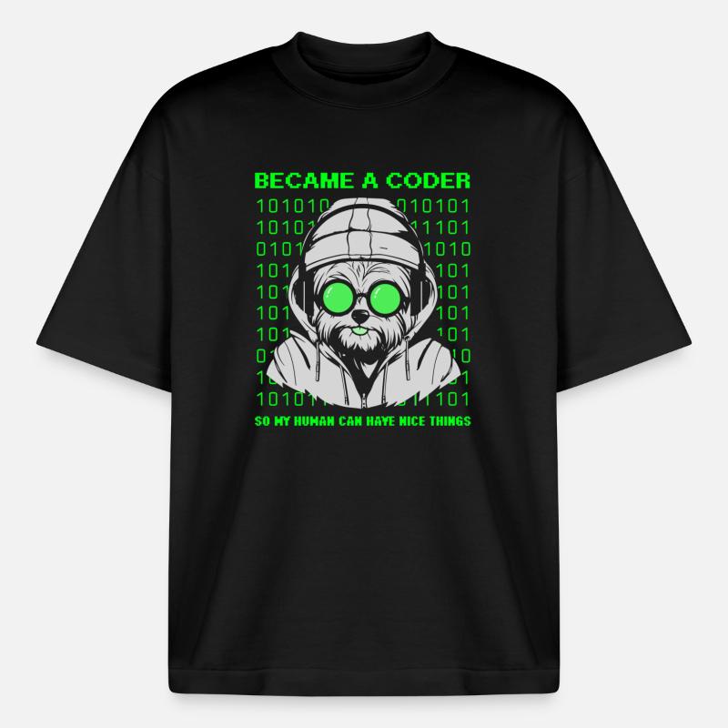 Became a Coder – Cyber Dog Binary - Boxy Heavyweight Unisex Organic T-Shirt by Stanley/Stella - black