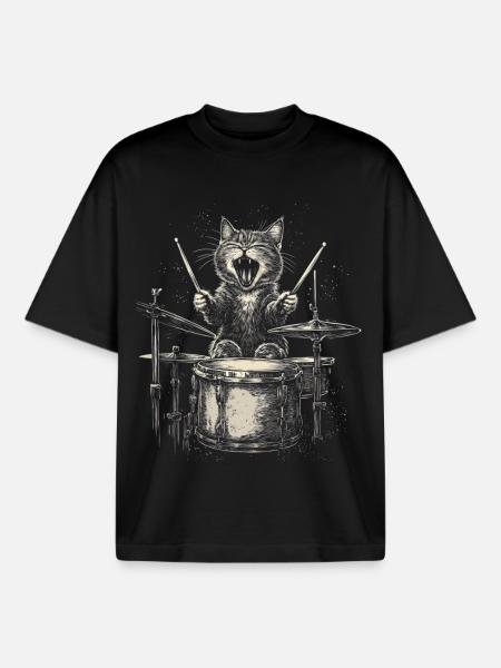 Cat Drums Drummer Rock Music Funny - Boxy Heavyweight Unisex Organic T-Shirt by Stanley/Stella - black