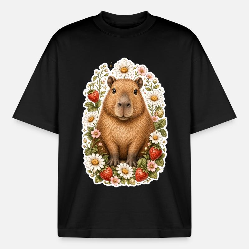 Capybara Erdbeeren Gänseblümchen Tierfreund - Boxy Heavyweight Unisex Organic T-Shirt von Stanley/Stella - Schwarz