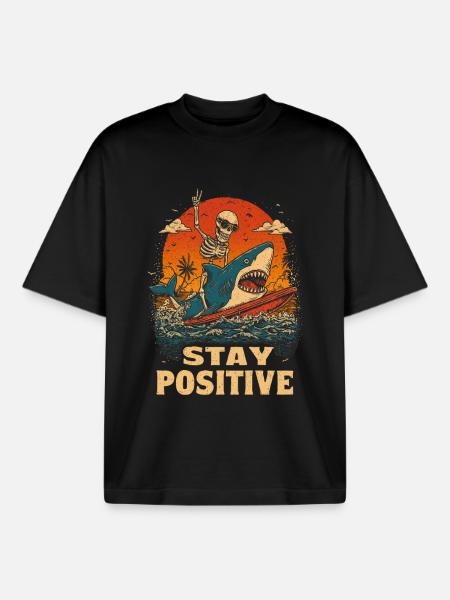 Stay Positive Surf Skeleton Shark - Boxy Heavyweight Unisex Organic T-Shirt by Stanley/Stella - black