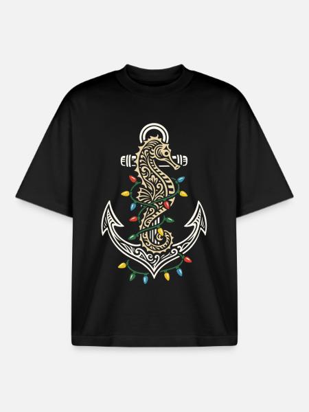 Maritime Weihnachten Anker Seepferdchen & Licht - Boxy Heavyweight Unisex Organic T-Shirt von Stanley/Stella - Schwarz