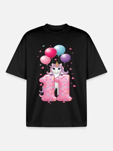 11 ans de Fille Mignonne Licorne 11e anniversaire - T-shirt unisexe boxy épais biologique Stanley/Stella - noir
