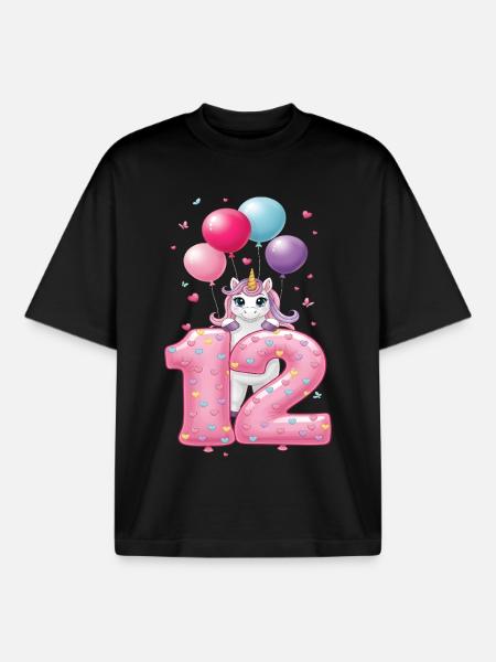 12 Years Girl Cute Unicorn 12th Birthday - Boxy Heavyweight Unisex Organic T-Shirt by Stanley/Stella - black