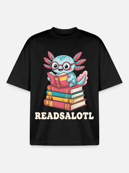 Readsalotl Axolotl Reading Books - Boxy Heavyweight Unisex Organic T-Shirt by Stanley/Stella - black