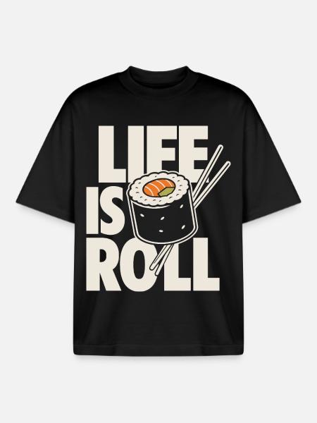 Life Is Roll Kawaii Sushi Motif - Boxy Heavyweight Unisex Organic T-Shirt by Stanley/Stella - black