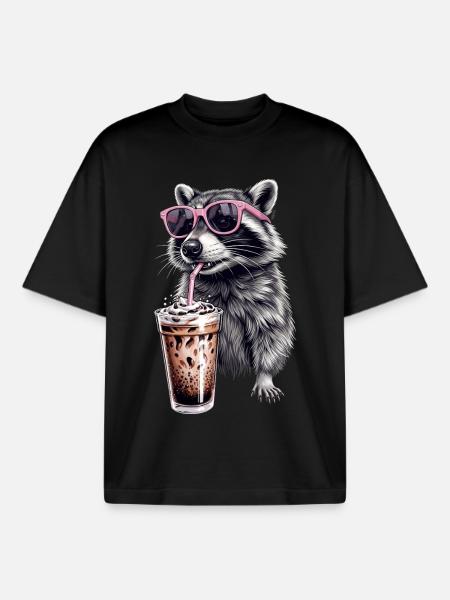 Raccoon Iced Coffee - Boxy Heavyweight Unisex Organic T-Shirt by Stanley/Stella - black