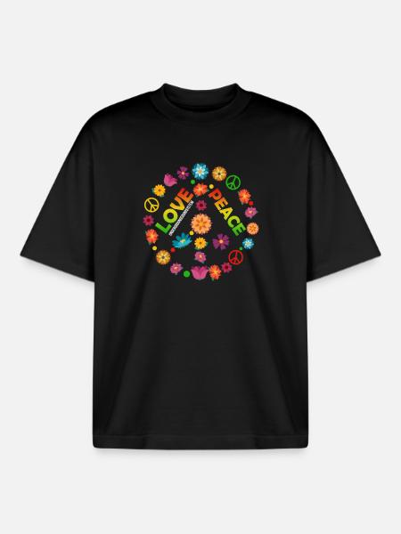 Flower Circle Love Peace - Boxy Heavyweight Unisex Organic T-Shirt by Stanley/Stella - black