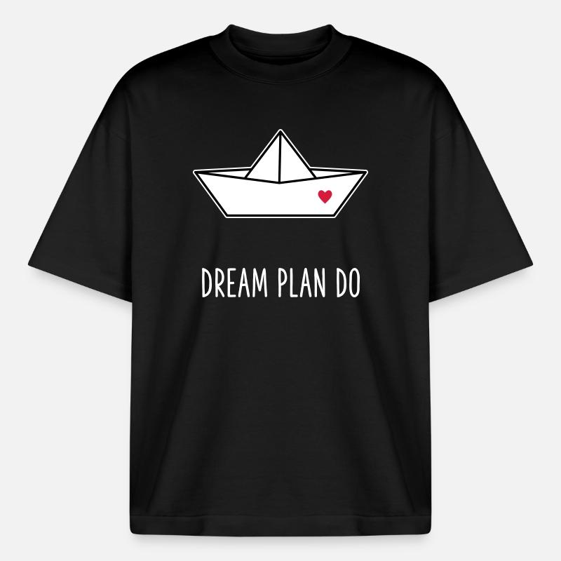 Dream Plan Do - Papierboot Schiffchen Herz - Boxy Heavyweight Unisex Organic T-Shirt von Stanley/Stella - Schwarz