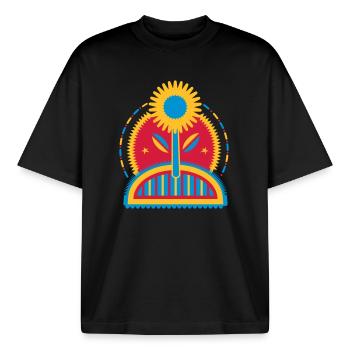 große leuchtende Sonnenblume im Blumenbeet - Boxy Heavyweight Unisex Organic T-Shirt von Stanley/Stella - Schwarz - Vorne - AI Model Male 185 light (185cm) & AI Model Female 172 dark (172cm)