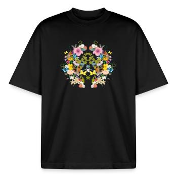 fleurs symétriques, oiseaux et papillons - T-shirt unisexe boxy épais biologique Stanley/Stella - noir - Devant - AI Model Male 185 light (185cm) & AI Model Female 172 dark (172cm)