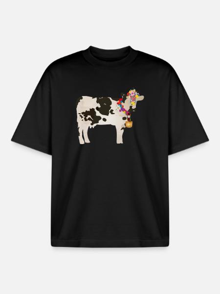 vache décorée avec cloche et décorations florales - T-shirt unisexe boxy épais biologique Stanley/Stella - noir