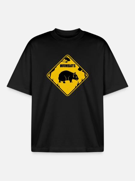 Wombat Yellow Road Sign - Boxy Heavyweight Unisex Organic T-Shirt by Stanley/Stella - black