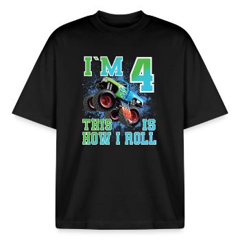 4 Years Monster Truck - Boxy Heavyweight Unisex Organic T-Shirt by Stanley/Stella - black - Front - AI Model Male 185 light (185cm) & AI Model Female 172 dark (172cm)
