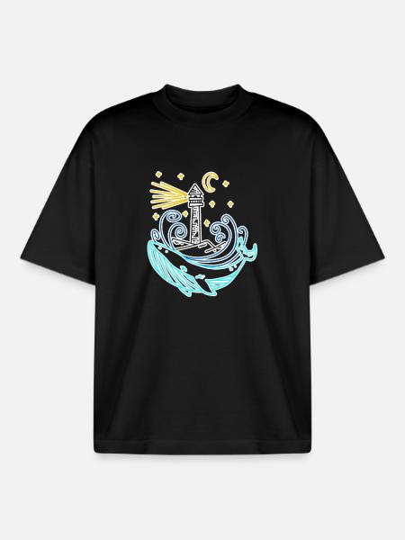 Lighthouse Coast Lake Sea - Boxy Heavyweight Unisex Organic T-Shirt by Stanley/Stella - black