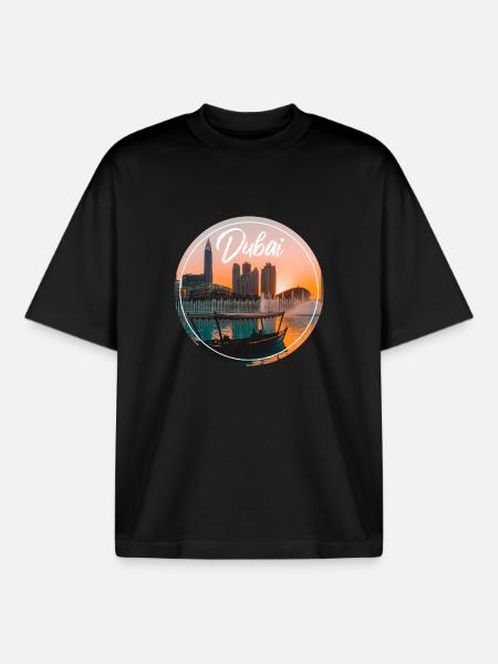 Dubai Sunset Skyline Boat - Boxy Heavyweight Unisex Organic T-Shirt by Stanley/Stella - black