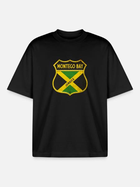 Montego Bay Jamaica Coat of Arms Flags Design - Boxy Heavyweight Unisex Organic T-Shirt by Stanley/Stella - black