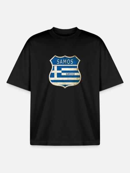 Samos Grèce Armoiries Drapeaux Design - T-shirt unisexe boxy épais biologique Stanley/Stella - noir