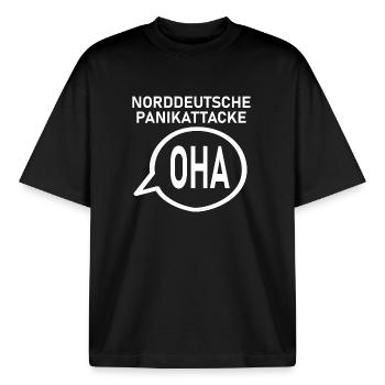 NORDDEUTSCHE PANIKATTACKE - Boxy Heavyweight Unisex Organic T-Shirt von Stanley/Stella - Schwarz - Vorne - AI Model Male 185 light (185cm) & AI Model Female 172 dark (172cm)