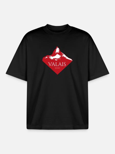 Valais Mountain Peak Red Logo - Boxy Heavyweight Unisex Organic T-Shirt by Stanley/Stella - black