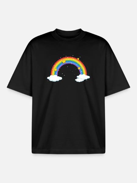 Bright Cartoon Rainbow with Clouds - Boxy Heavyweight Unisex Organic T-Shirt by Stanley/Stella - black